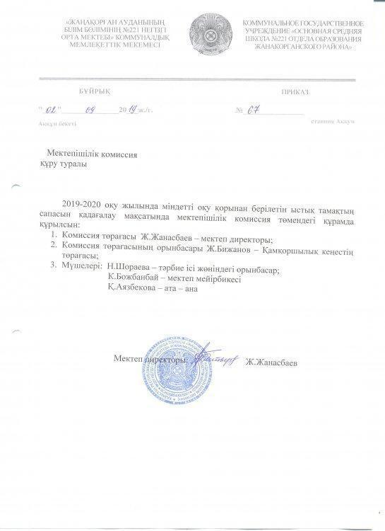 Мектепшілік комиссия құру туралы бұйрық