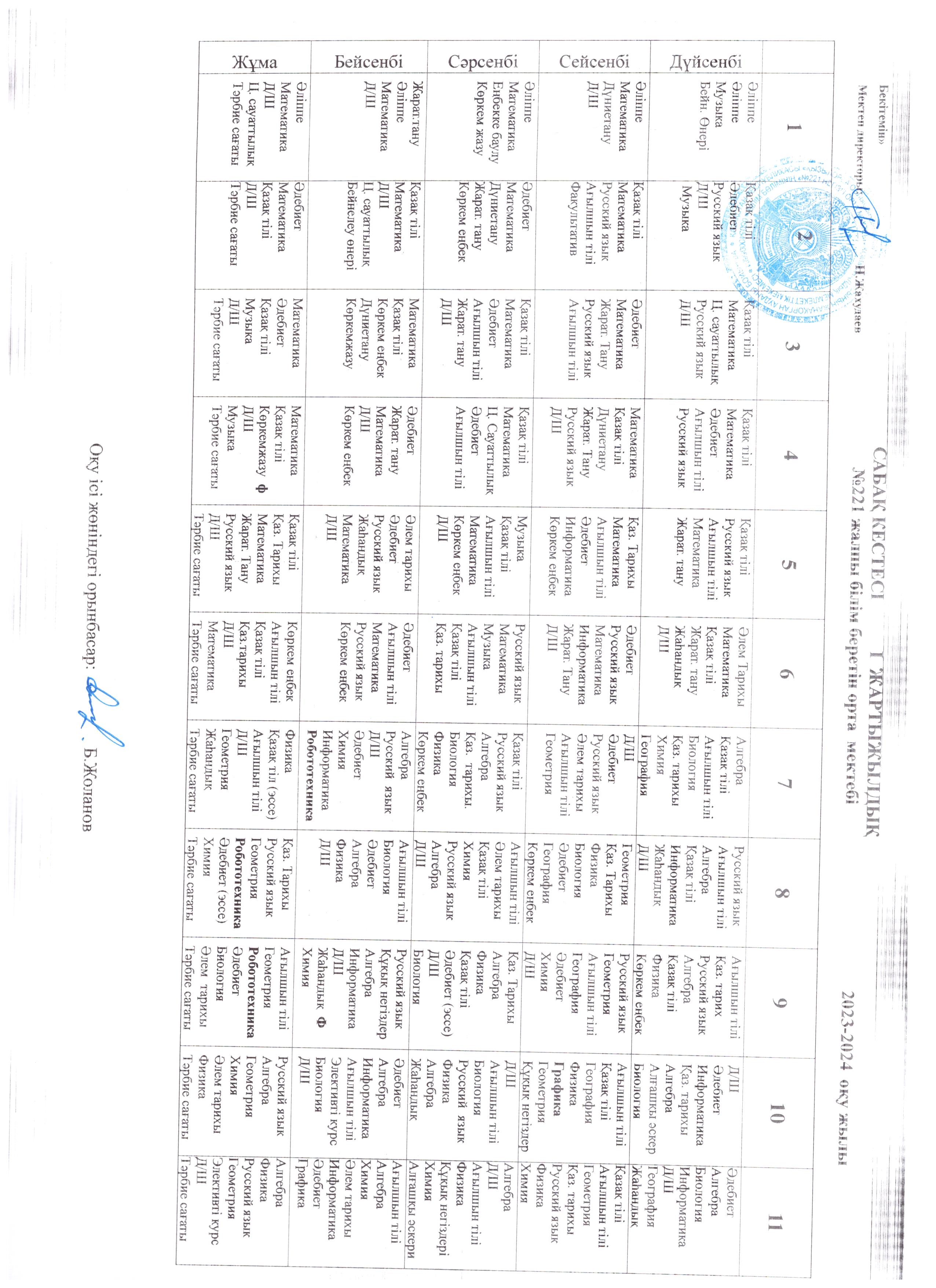 2023-2024 оқу жылының ІІ тоқсан сабақ кестесі